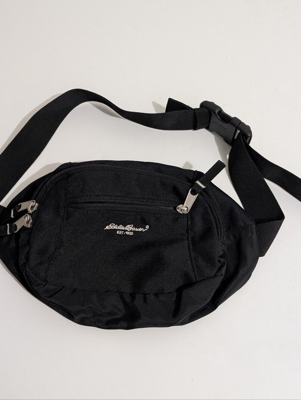 Eddie Bauer Belt Bag Mens Medium Black Nylon Fanny Pack Bottle Pocket